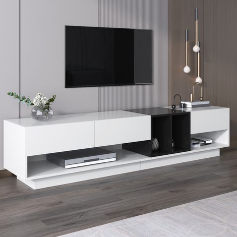 Meuble TV blanc brillant et noir, design bicolore avec tiroirs et compartiments, nombreux espaces de rangement intégrés