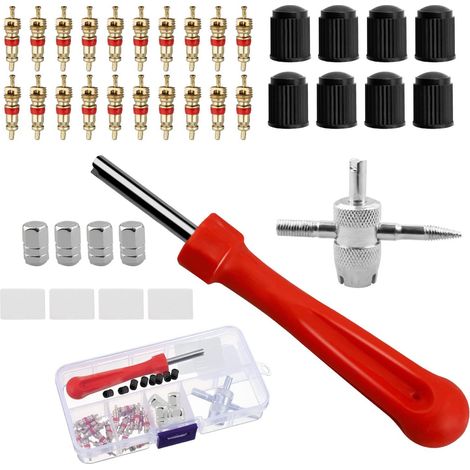Kit 34 pièces Outil extraction obus valve, Clé 4 en 1, Bouchons aluminium plastique, Réparation pneu voiture vélo moto（Q3 : Nouveaux produits pour le mois d'août） (1/5)