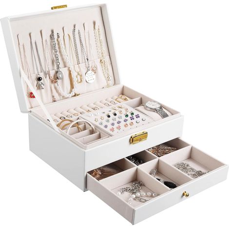 Boîte à Bijoux Femme, 2 Niveaux Rangement Bijoux Voyage Fille en Cuir PU, Organisateur Bijoux et Présentoirs Coffret pour Bagues, Boucles D'oreilles, Colliers, avec Serrure et Clé, Blanc (1/5)