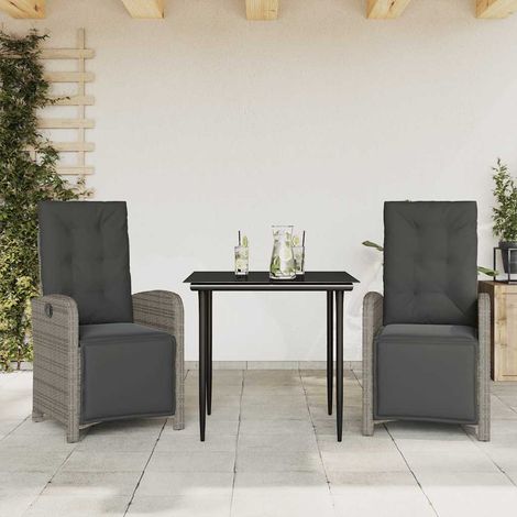 Ensemble bistro extérieur 3 pièces en résine tressée avec fauteuils réglables et coussins gris - PANGIVO (1/5)