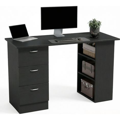 Schreibtisch mit 3 Schubladen und 3 Reversiblen Regalen, Holzoptik, aus MDF Schwarz, 120 x 49 x 72 cm (1/5)