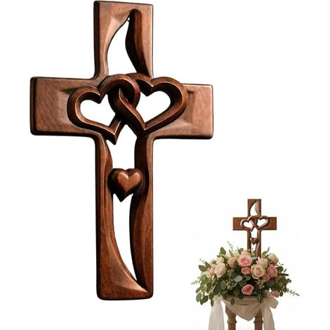 KOWOLL Croix en bois artisanale ornée de cœurs entrelacés, décoration murale en forme de croix de mariage, cadeau religieux pour Pâques, Noël, mariage ou la Saint-Valentin (1/5)