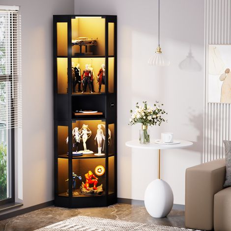Vitrine en verre 5 niveaux, éclairage LED, capteur de mouvement, noire HAVRYA (1/5)