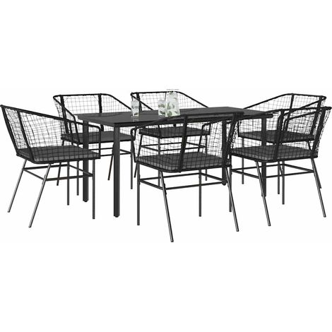 7-tlg. Garten-Essgruppe mit Kissen Schwarz Poly Rattan Glas