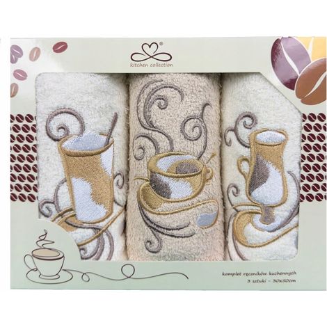 Juego de paños de cocina "Kuchcik" con estampado de tazas, 30x50 cm, color beige y crudo.