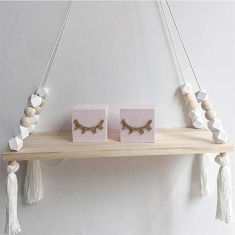 Wall Shelf Pine Wood Floating Shelves, Decoration Shelf with Wooden Beads and Tassel, Decoration for Bedrooms, Living Rooms, Office, Closets - White