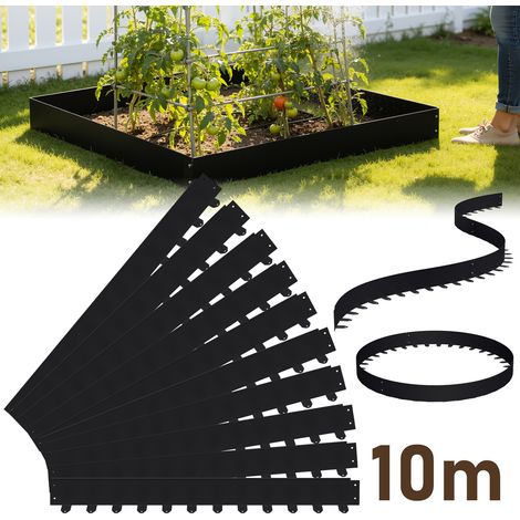 Wolketon Bordure en acier flexible pour jardin et pelouse - 10 panneaux de 100 cm (longueur totale 10 m) - Hauteur 5 cm - Couleur noir - 120 piquets et clous de fixation inclus