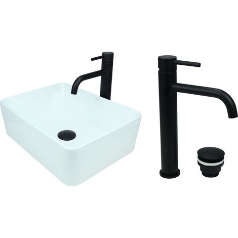 GTM Design Aufsatzwaschbecken 41 cm Glanz Set mit Waschtischbatterie und Stopfen - Aufsatzwaschbecken Rechteckiges für Badezimmer - Modernes Waschbecken ohne Hahnloch - Waschbecken mit Armature (1/5)