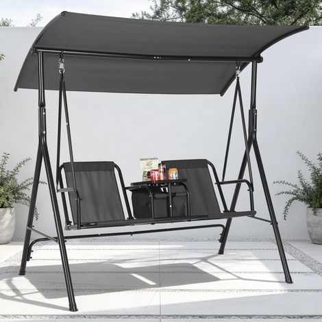 Balancelle 2 places, Toile ajustable, dossier inclinable, tablette pivotante, porte-gobelets et sac isotherme inclus, Noir (1/5)