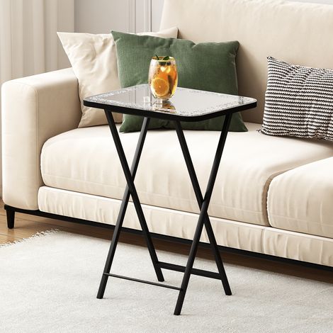 Modern Glam Mirrored Folding Side Table with Crystal Accents – Portable Metal X-Frame End Table for Bedroom, Living Room, Small Space Decor (1/5)