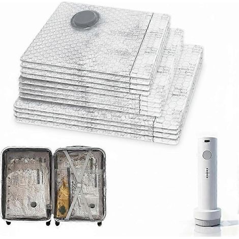 Lot de 12 sachets sous vide de voyage avec pompe USB rechargeable. Sachets sous vide compacts, compatibles avec les valises et les sacs de voyage. (1/5)