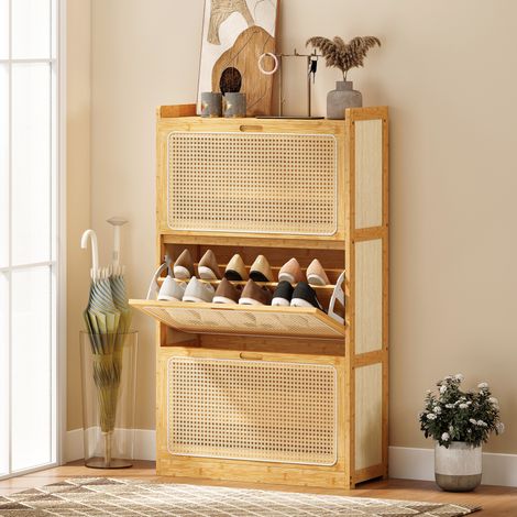 Meuble à chaussures 14 paires, armoire à chaussures 3 tiroirs rabattables, étagères réglables 69x29x119,8cm bois naturel (1/5)