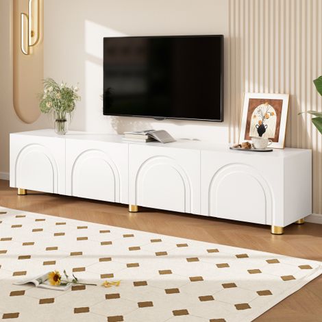 Modernluxe - Meuble TV moderne 180x35x40 cm - 4 portes - Design en relief arqué - Pieds en métal - MDF + panneaux de particules - Blanc (1/5)