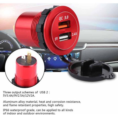 12V Dual-Port USB 3.0 QC 3.0 Schnellladegerät für Autos mit Voltmeter, rotem Gehäuse, wasserdicht für Boot, LKW und Motorrad (1/5)