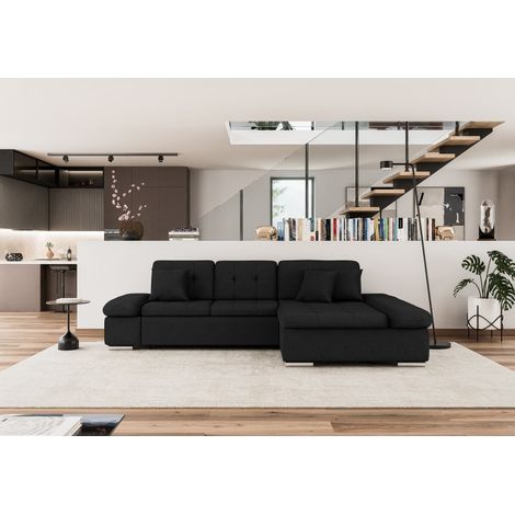 Tendencio – Canapé d'angle 5 places en tissu noir – Accoudoirs réglables – Dimensions L 278 x P 161 x H 76 cm – Fabrication européenne (1/2)