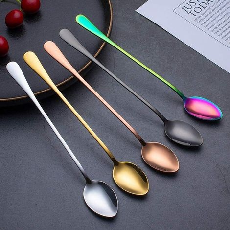 Paquete de 5 cucharillas de metal de acero inoxidable de alta calidad con mangos largos, ideales para café o postre. (1/5)