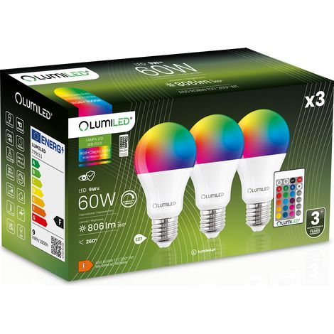 3 lampadine LED E27 A60 9W = 60W 806lm 3000K + RGB Multicolore Dimmerabile a 260° Telecomando LUMILED