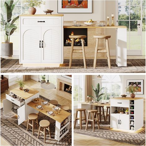 Îlot de cuisine / meuble de cuisine / buffet / meuble bar avec bande lumineuse LED, desserte fixe avec table coulissante, 2 tiroirs, 4 portes, noir et blanc