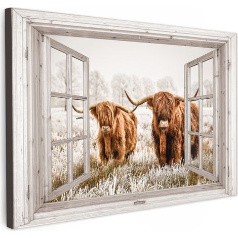 TABLEAU SUR TOILE Regarder à travers - Highlander écossais - Animaux Toile Peinture Grand Format XXL 150x100 cm