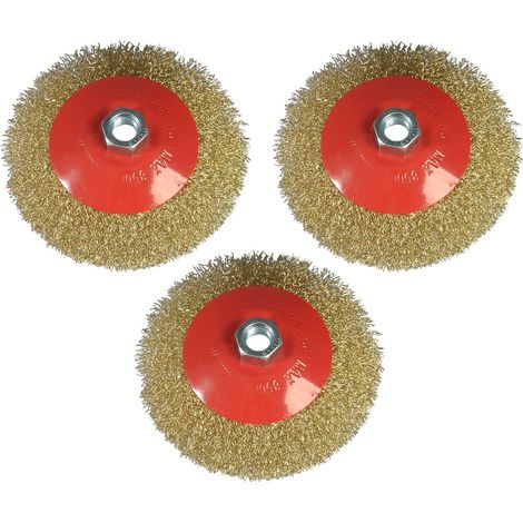 Lot de 3 brosses rondes de 125 mm de diamètre pour meuleuse d'angle - Support M14 - Brosse métallique en laiton et fil d'acier (1/5)