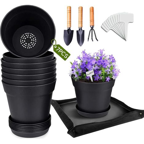7 x Indoor Plant Pot with Saucer, Plastic Flower Pot with Drainage Holes, Flowers with Small Shovel Gardening, Planting Mat 50 cm x 50 cm with 20 Plant Labels (2 x 12 cm + 5 x 14 cm Ø) (1/5)
