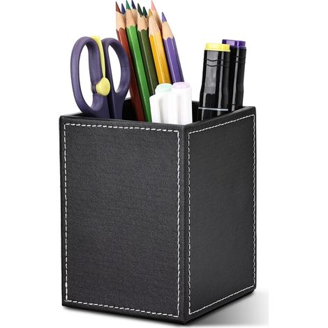 Quadratischer Stiftehalter aus Leder, Schreibtisch-Organizer, Aufbewahrungsbox für Fernbedienungen – schwarz