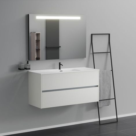 Inda - Badezimmerschrank 2 Schubladen L.120 mit beleuchtetem Spiegelwaschbecken - Mattweiß