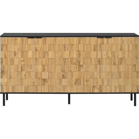 Buffet 2 portes à motif mosaïque en panneaux de particules, pieds métal noirs, 160x35x80,5 cm, naturel et noir (1/5)