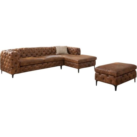 Divano ad angolo VELENA marrone con pouf – Divano barocco in microfibra con struttura in legno massiccio