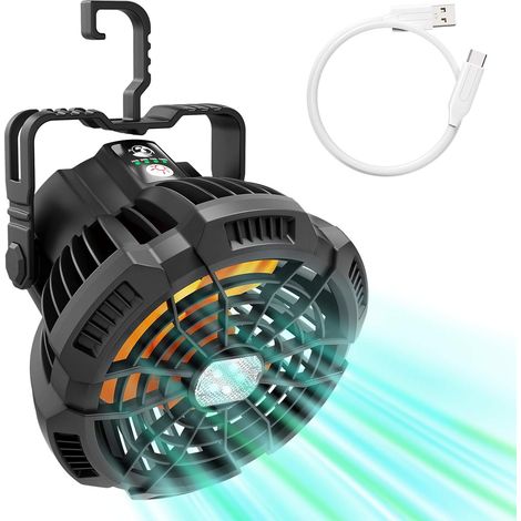 MINKUROW Ventilador portátil silencioso con luz LED de batería recargable, ventilador USB para acampar con gancho giratorio, control remoto de ajuste de 3 velocidades para mesa exterior e interior (1/5)