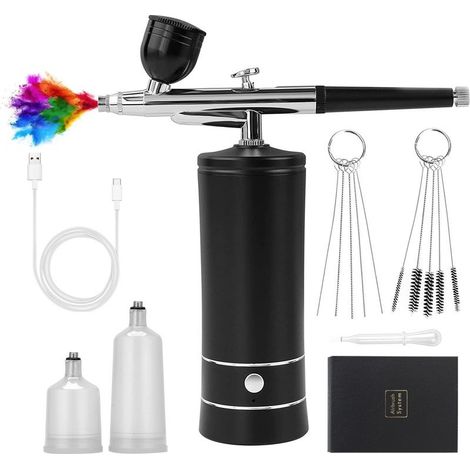 (Noir) Kit aérographe sans fil avec compresseur, mini aérographe portable, aérographe à ongles rechargeable, peinture de modèles (1/5)