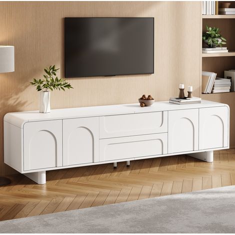 Meuble TV avec 4 portes, 2 tiroirs et passe-câbles, bords arrondis, 180x40x46 cm, MDF et panneaux blanc (1/5)