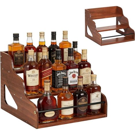 Étagère de présentation de bouteilles d'alcool à 3 niveaux en bois rustique sirop de café, étagère de rangement comptoir de vin, étagère de rangement mini bar, épices, whisky (1/5)