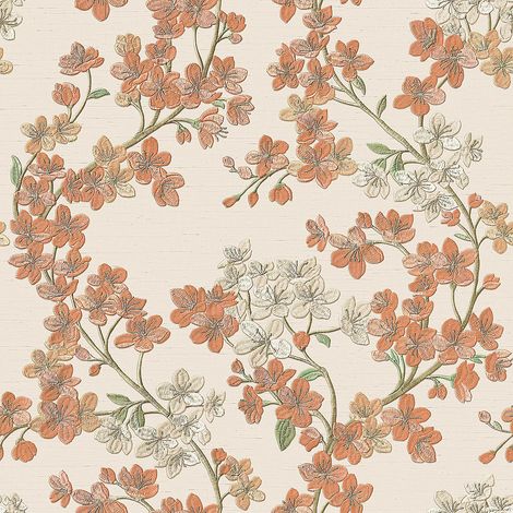 Design id Beige Cherry Blossom Floral Print Orange Petals Vinyl Wallpaper