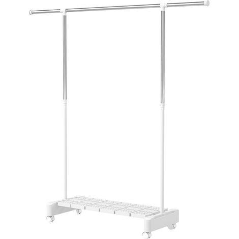 Étendoir à linge extensible avec roulettes et frein, étagère à chaussures et structure en acier inoxydable, blanc