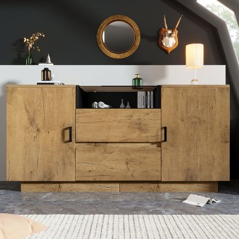 Sideboard Eichenoptik mit Stauraum, 2 Schubladen und 2 Türen, 140x40x70 cm, Wohnzimmer Kommode aus Holzoptik und braunem ESG-Glas (1/5)