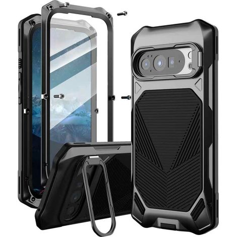 Google Pixel 10 Pro / 10 / 9 Pro / 9 Armor Stoßfeste Schutzhülle mit Glas und Ständer, Schwarz (1/5)