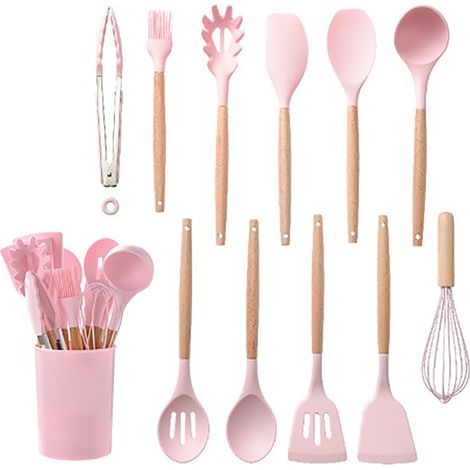 (Ensemble de 11 ustensiles de cuisine en silicone avec manche en bois, seau de rangement, ensemble de dix cuillères et spatules de cuisine en silicone de couleurs différentes, seau dans une boîte colo (1/5)