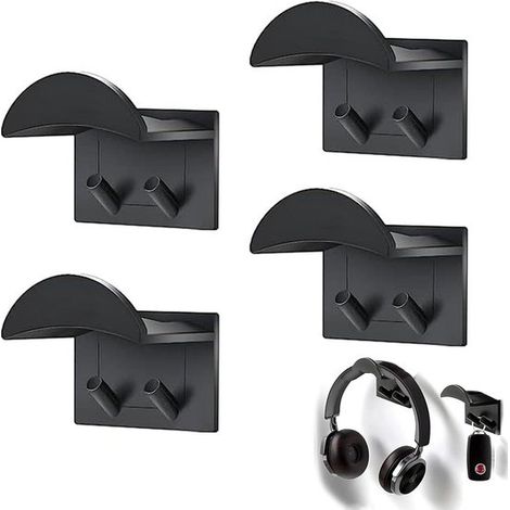 4 supporti per cuffie senza foratura - Supporto universale con gancio e anello e adesivo per la maggior parte delle cuffie e dei controller (nero)