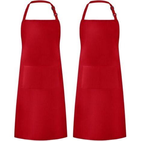 Lot de 2 tabliers imperméables réglables avec 2 poches pour barbecue et dessin, pour femmes et hommes, rouge (1/4)