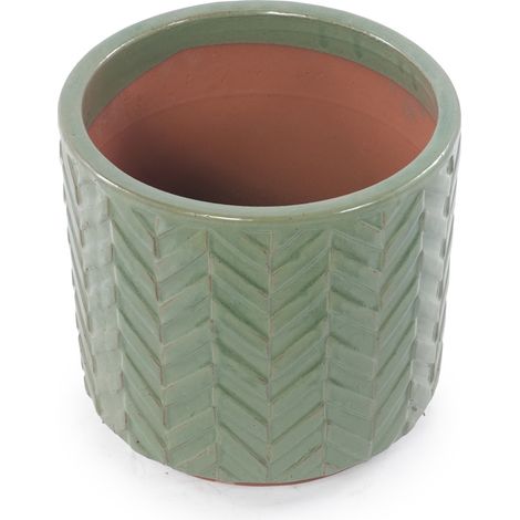 Vaso in ceramica Ø38 cm, verde salvia lucido, rilievo chevron, resistente al gelo OKMYHOME (1/5)