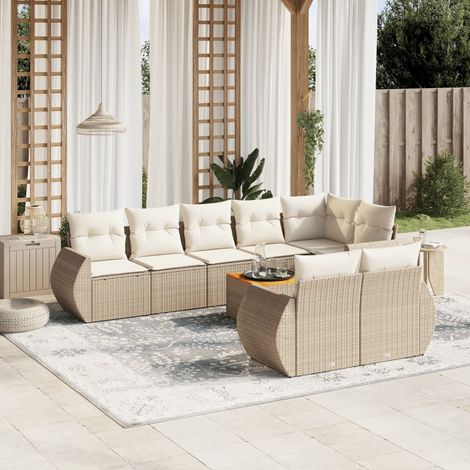Ensemble Salon Jardin 9 Places Résine Tressée Beige avec Coussins - Table Acacia - Mobilier Extérieur Modulaire (1/5)