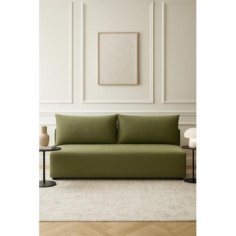 Sofello Sofa LUNO boucle mit Schlaffunktion Olive – Moderne Boucle sofa für Ihr Wohnzimmer, Schlaffläche: 204×144 cm (1/5)