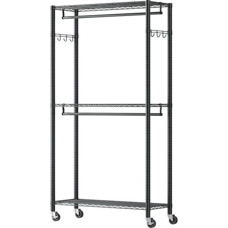 Mophorn Perchero móvil ajustable de acero al carbono con 2 barras para ropa, capacidad de carga de 204 kg, 3 estantes y 8 ganchos, ideal para dormitorio, tienda, armario o pasillo, 90 x 40 x 199,9 cm