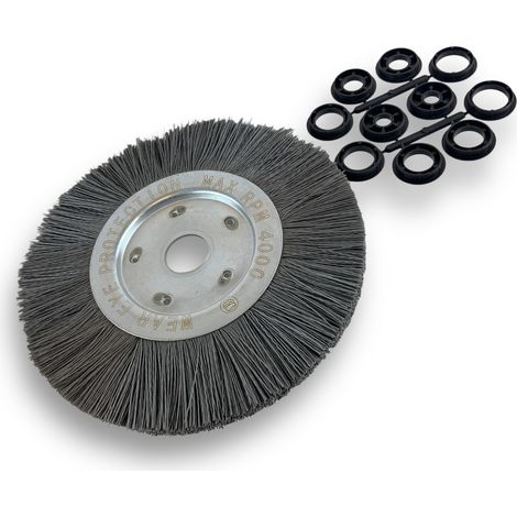 Brosse circulaire NYLON Abrasif  Ø 250 mm  Epaisseur 1 rang  Carbure de silicium Grain 240  Alésage 32 mm + réducteur bague 25/22/20/16/12 mm  Touret meuleuse ponceuse  Kibros 211251KR240 (1/5)