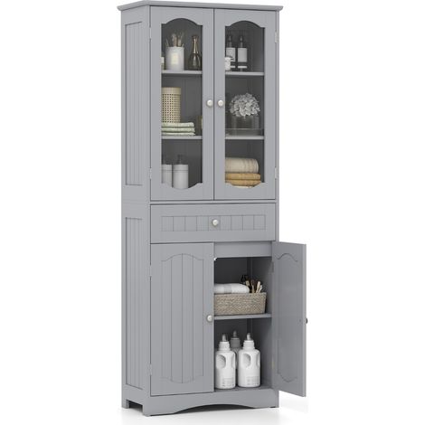 Armadio da bagno alto 160cm con 2 porte in vetro 2 ripiani regolabili e 1 cassetto, Mobile autonomo per cucina Grigio (1/4)