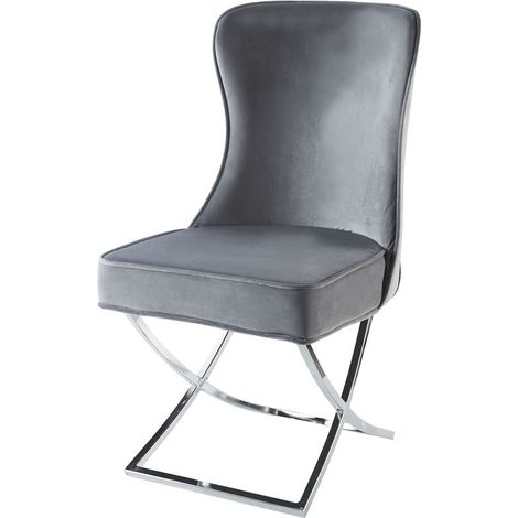Lot 2 Chaises Salle à Manger Gabrielle Capitonnées Velours Gris Pieds Chrome 59x52x95cm (1/4)