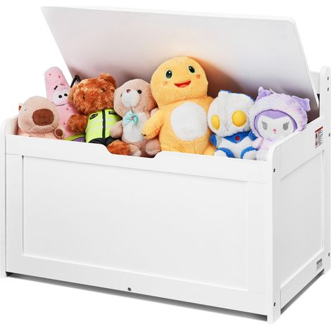 Coffre à Jouets en Bois 83x45,5x60,9 cm, Boîte de Rangement pour Enfants avec Couvercle Rabattable et Charnière de Sécurité, Grand Meuble de Rangement, pour Salle de Jeux Salon Entrée, Blanc (1/5)