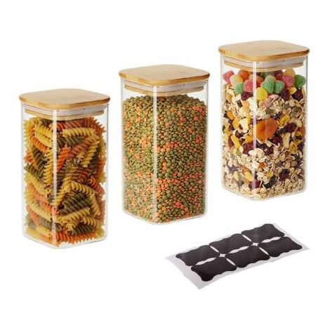 Relaxdays Bocaux en verre avec couvercle bambou, lot de 3, carrés, 1500 ml, hermétiques, transparents/naturels
