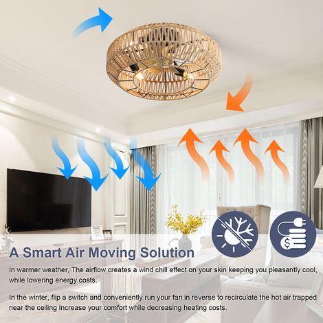 Ventilateur de plafond en rotin tressé, style bohème, diamètre 56 cm, moteur DC réversible, 6 vitesses, télécommande incluse (1/5)